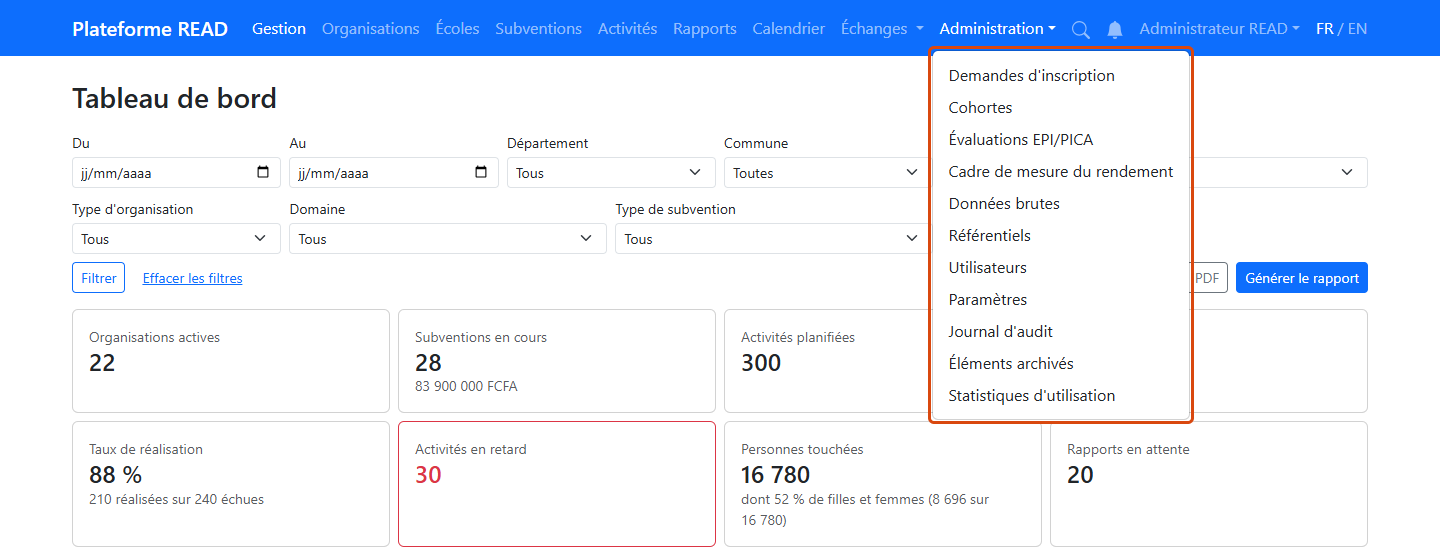 Menu Administration déplié