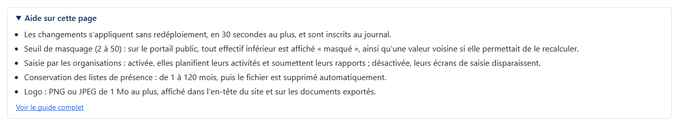 Aide de l'écran des paramètres, dépliée