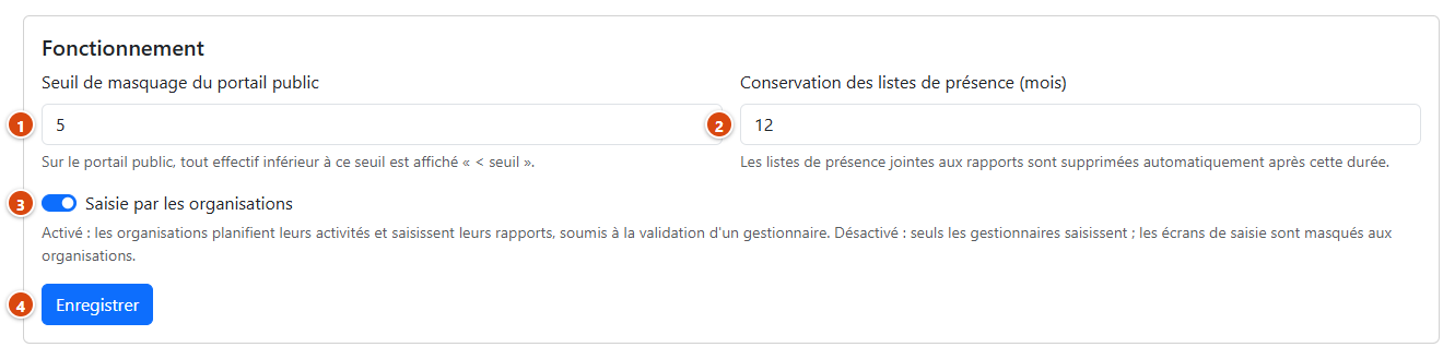 Partie « Fonctionnement » des paramètres généraux