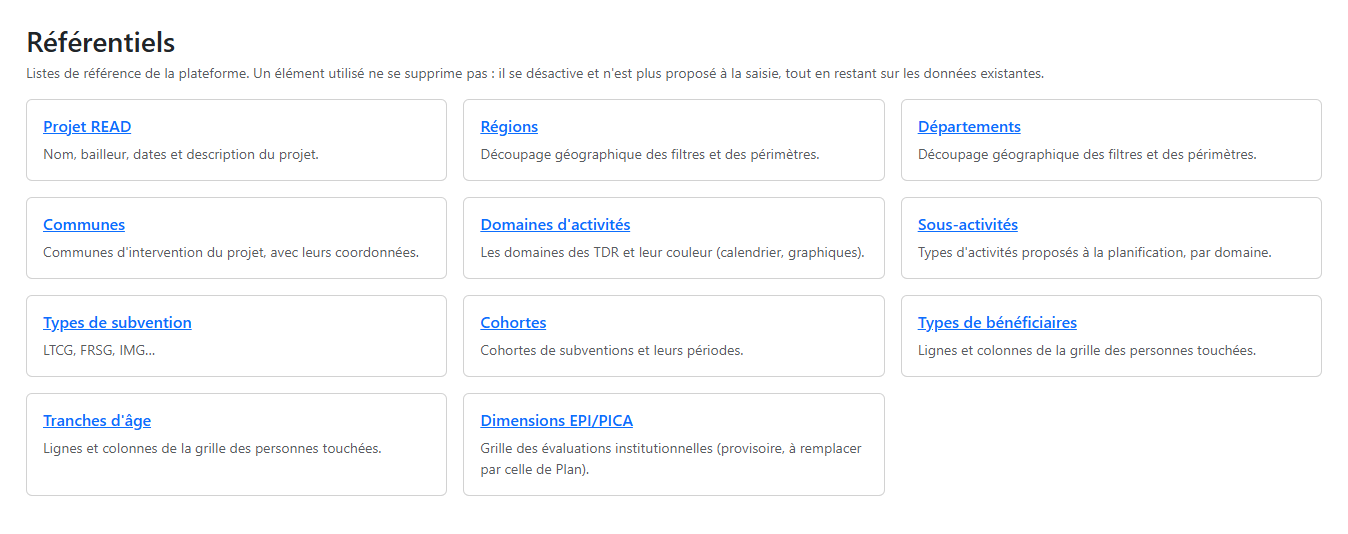 Page d'accueil des référentiels