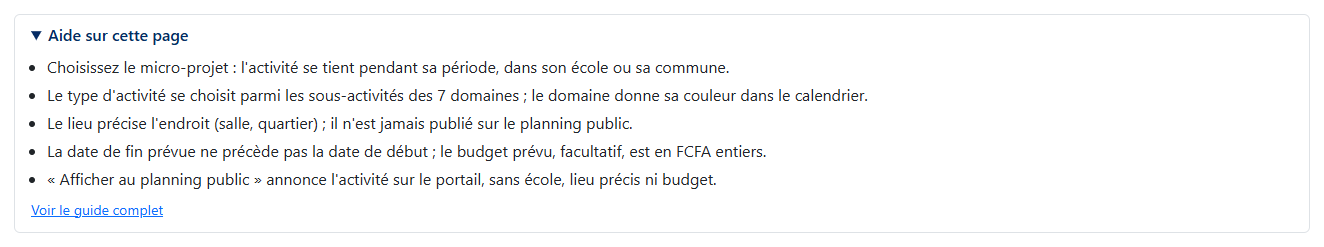 Aide dépliée sur un écran de saisie
