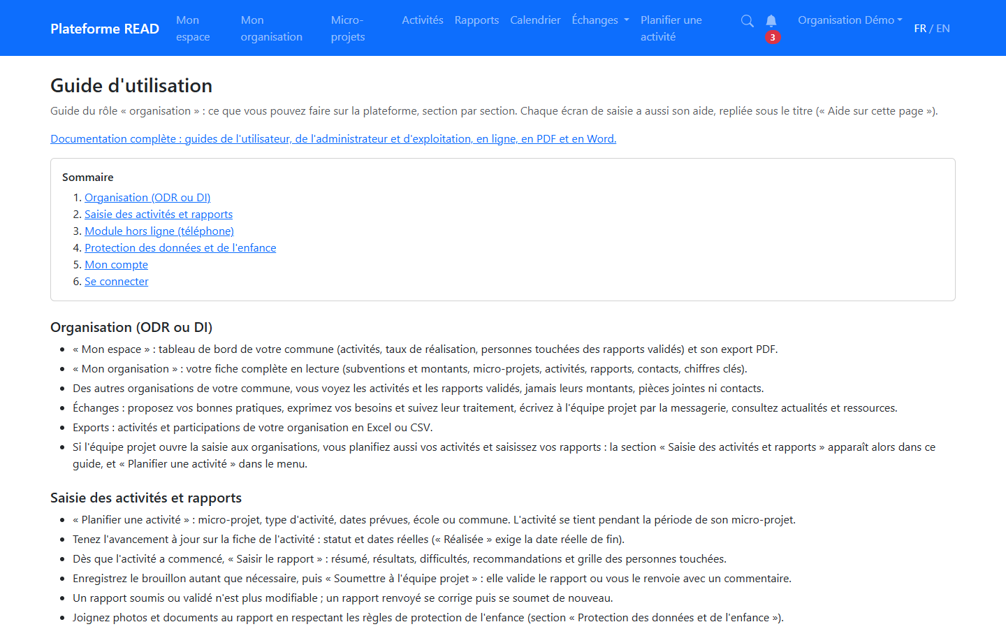 Guide d'utilisation intégré, pour le rôle Organisation
