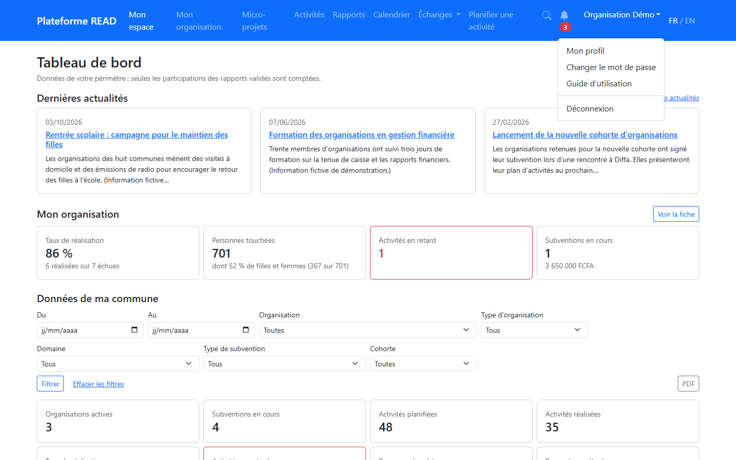 Menu du compte