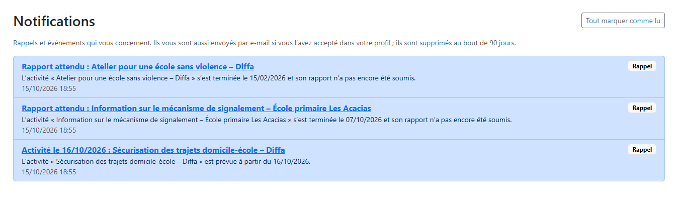 Liste des notifications