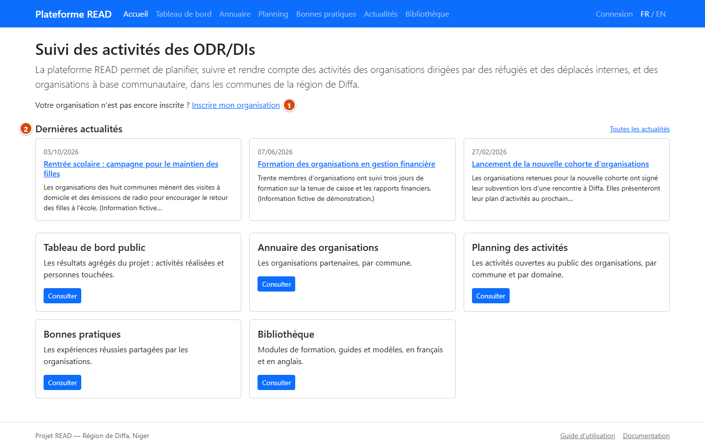 Page d'accueil du portail public