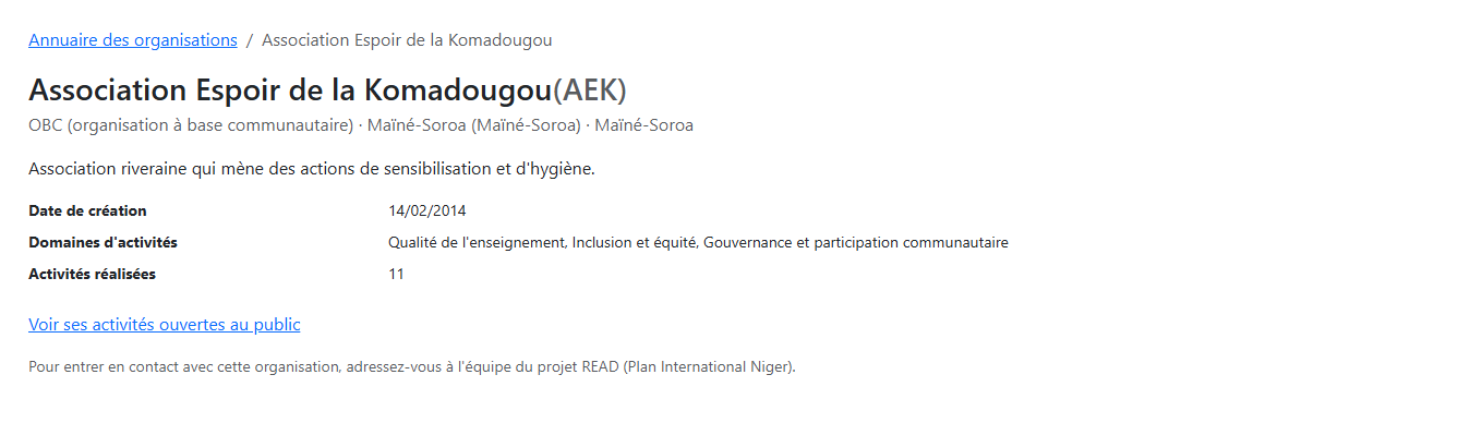 Fiche publique d'une organisation