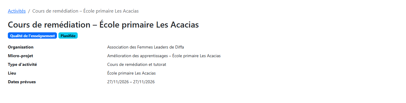 Fiche d'une activité d'une autre organisation