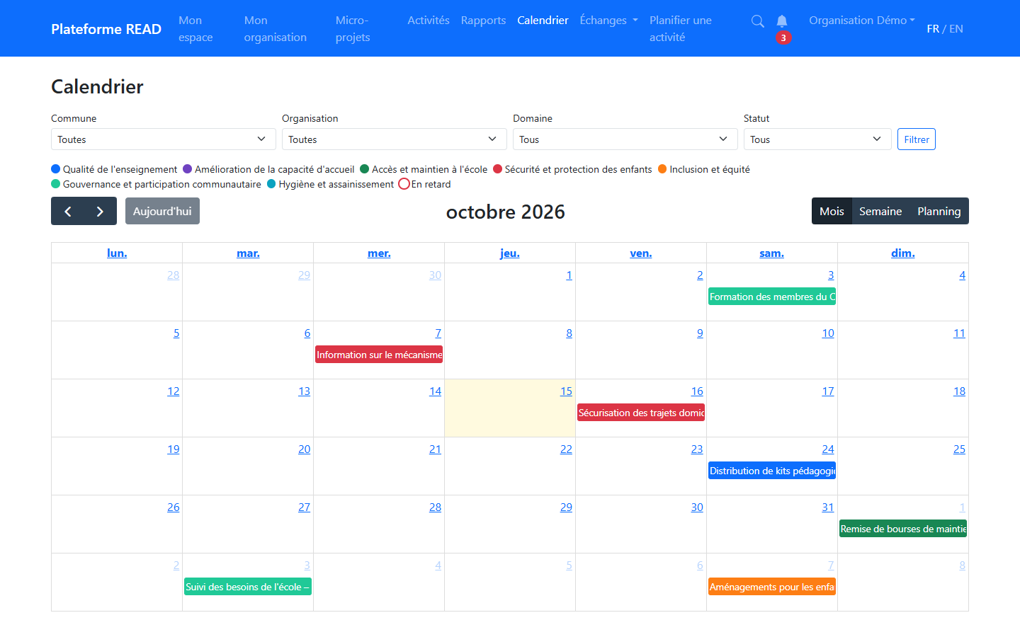 Calendrier des activités de la commune