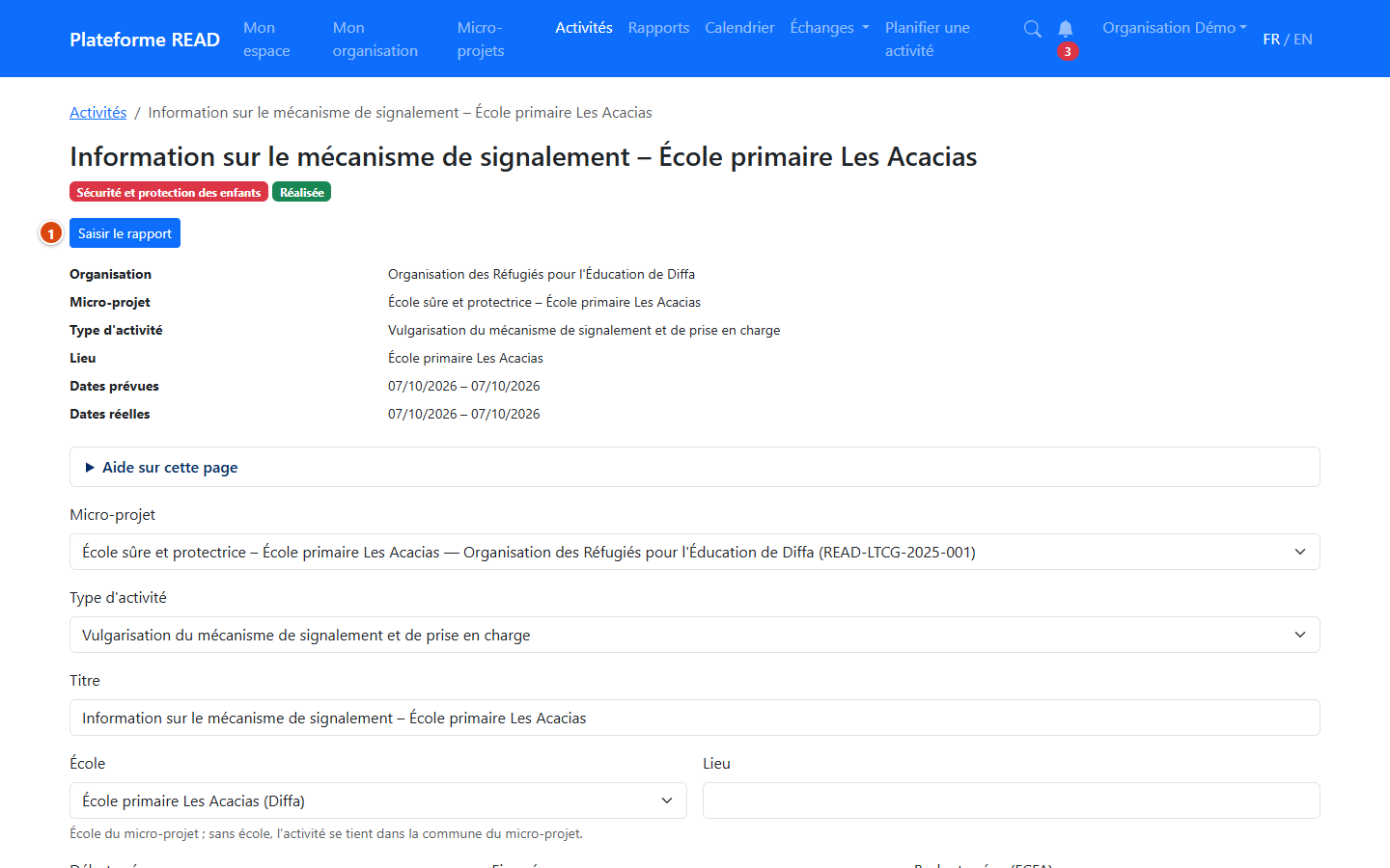 Fiche d'une activité réalisée, en attente de son rapport