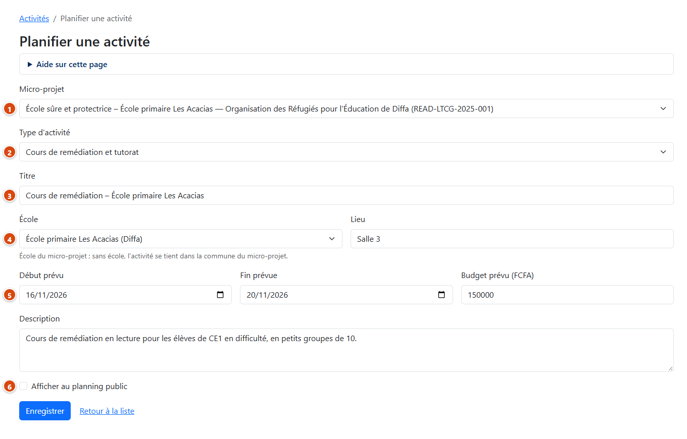 Formulaire de planification d'une activité