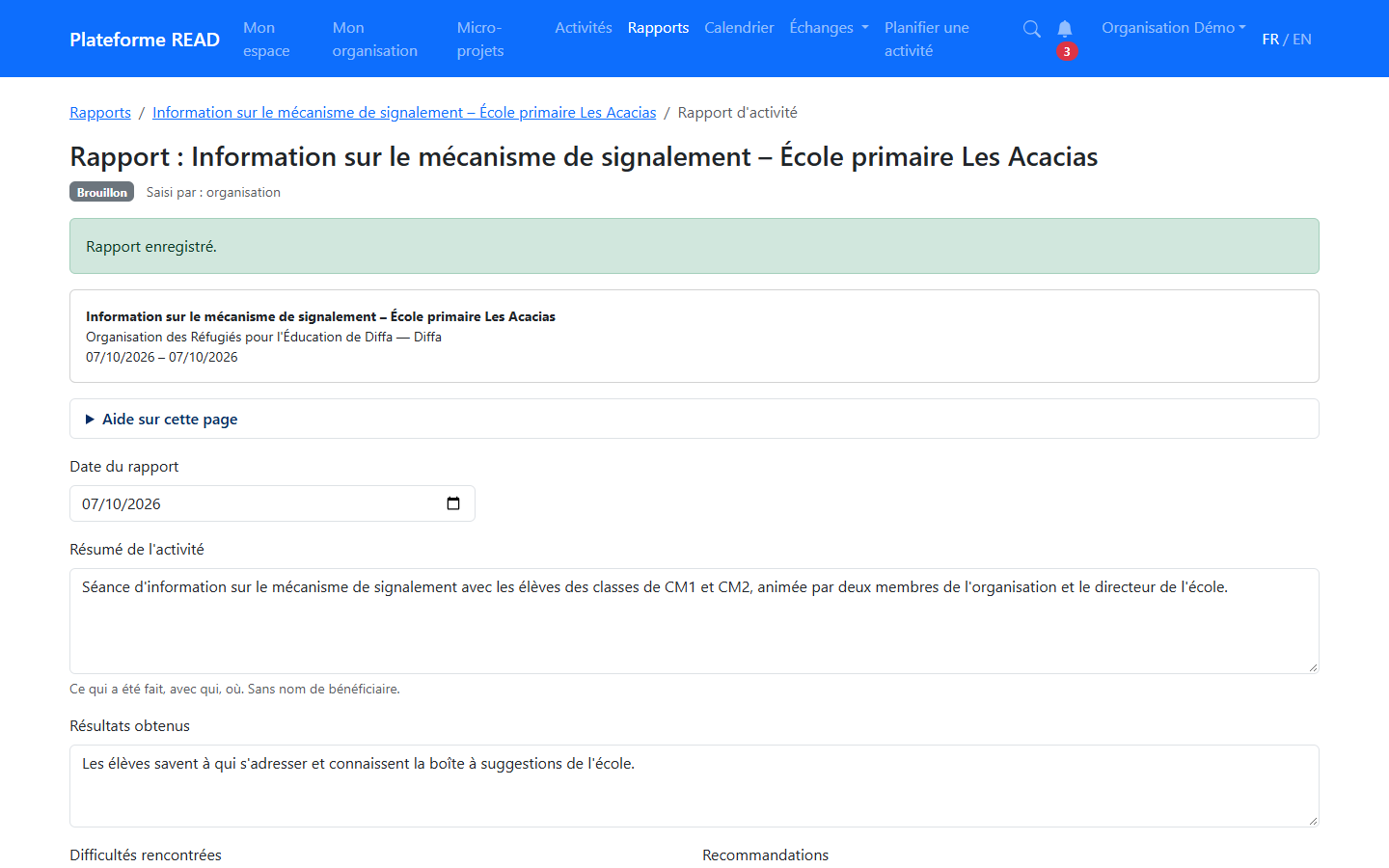 Rapport enregistré en brouillon