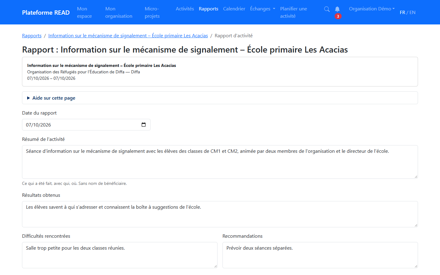 Rubriques du rapport