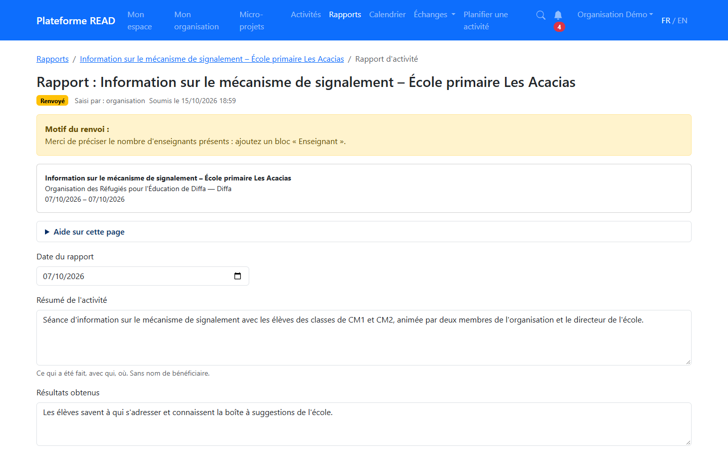 Rapport renvoyé, avec le motif en tête