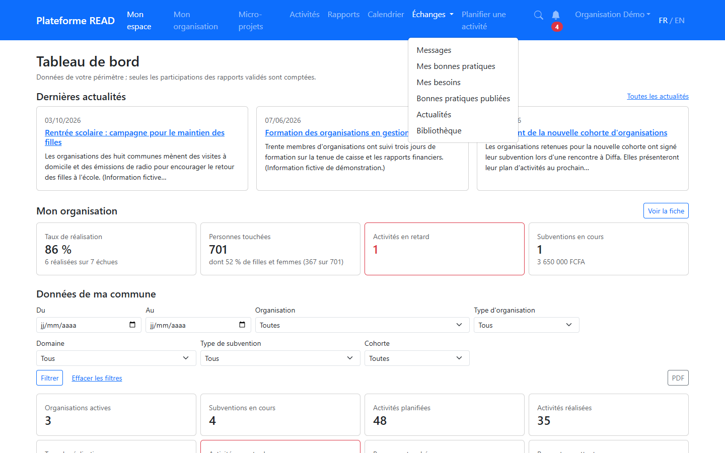 Menu Échanges d'une organisation