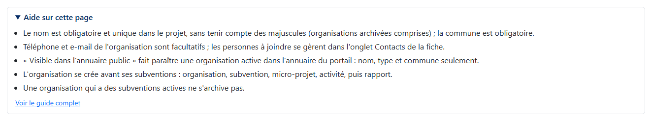 Panneau « Aide sur cette page » déplié sur la fiche d'une organisation