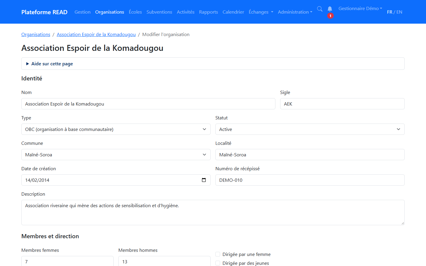 Formulaire d'une organisation