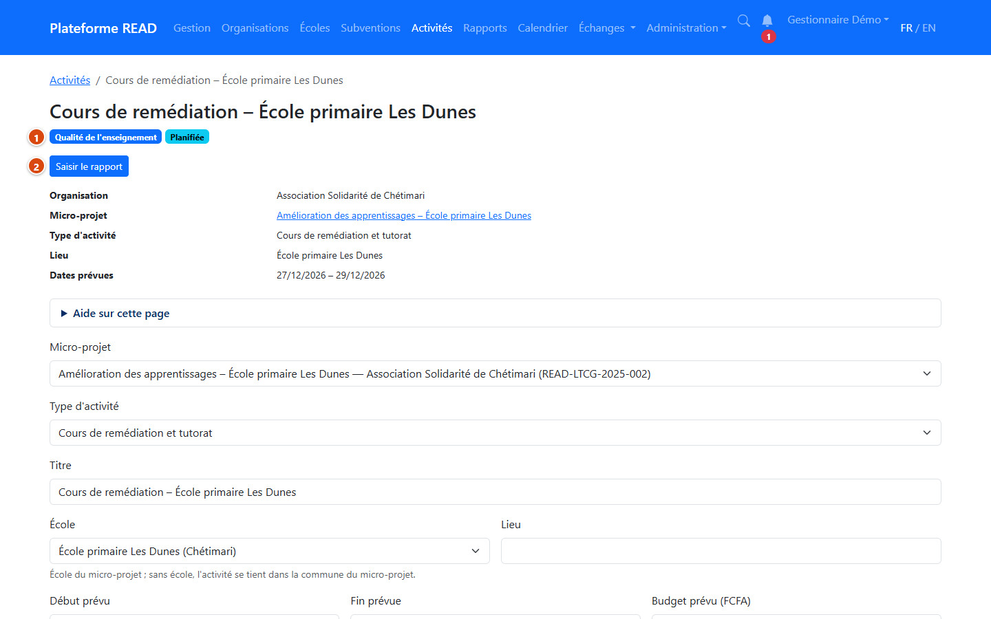 Fiche d'une activité