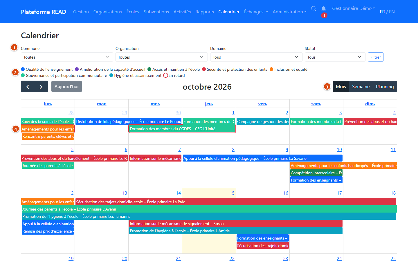 Calendrier des activités, vue Mois