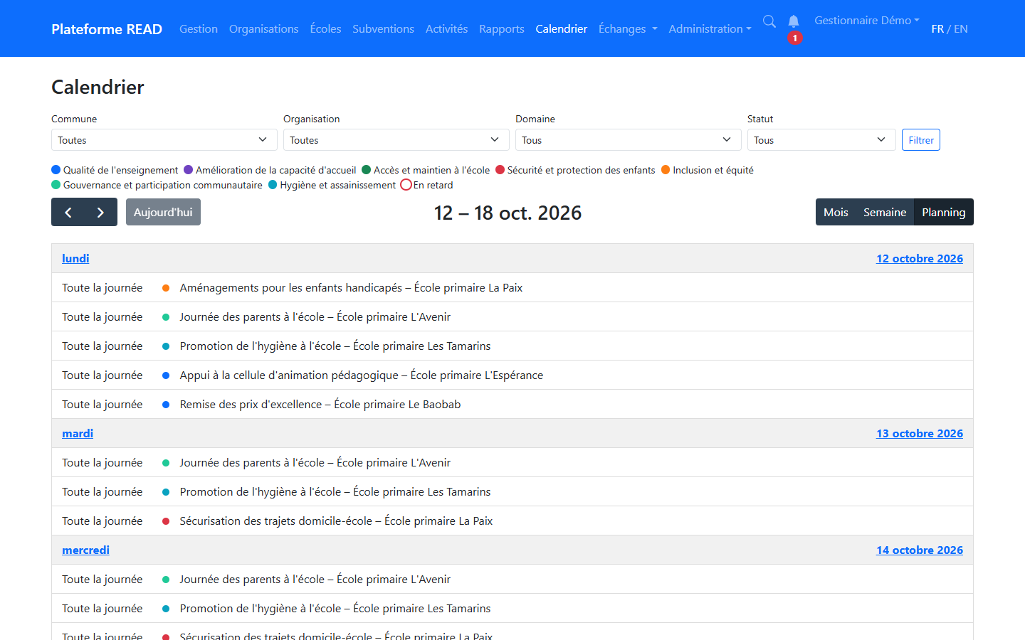 Calendrier des activités, vue Planning