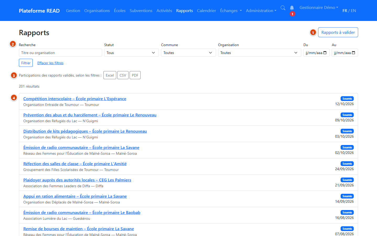 Liste des rapports