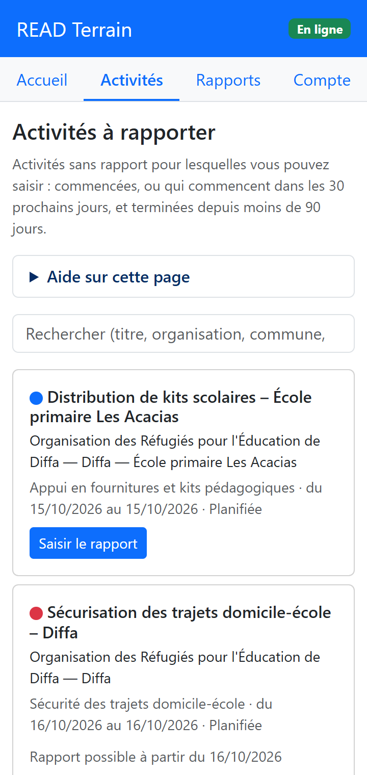 Activités à rapporter