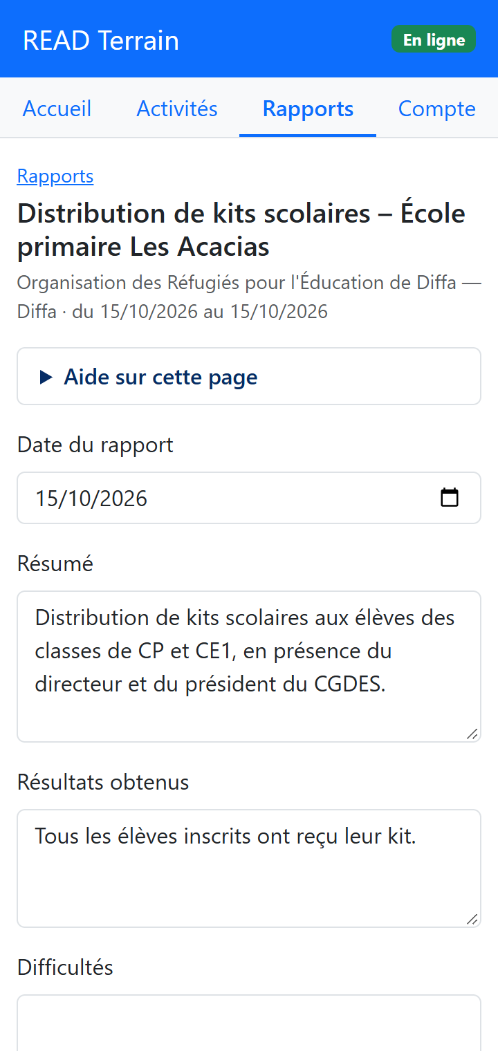 Saisie d'un rapport dans le module