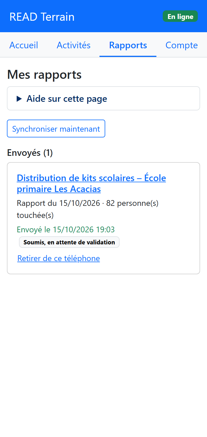 Rapports envoyés depuis le téléphone